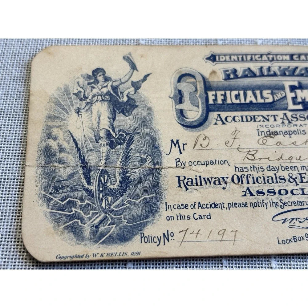 Very Cool! Antique 1894 Railway Association Document Card Railroadiana Indiana